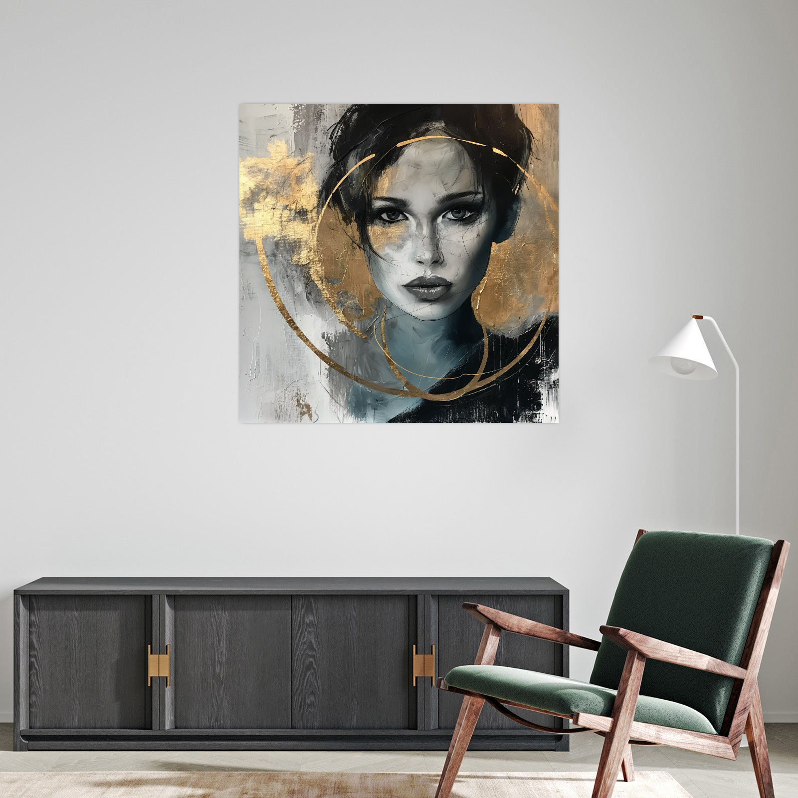 Umetnička slika Dama u zlatnom krugu na platnu - NS Canvas Shop