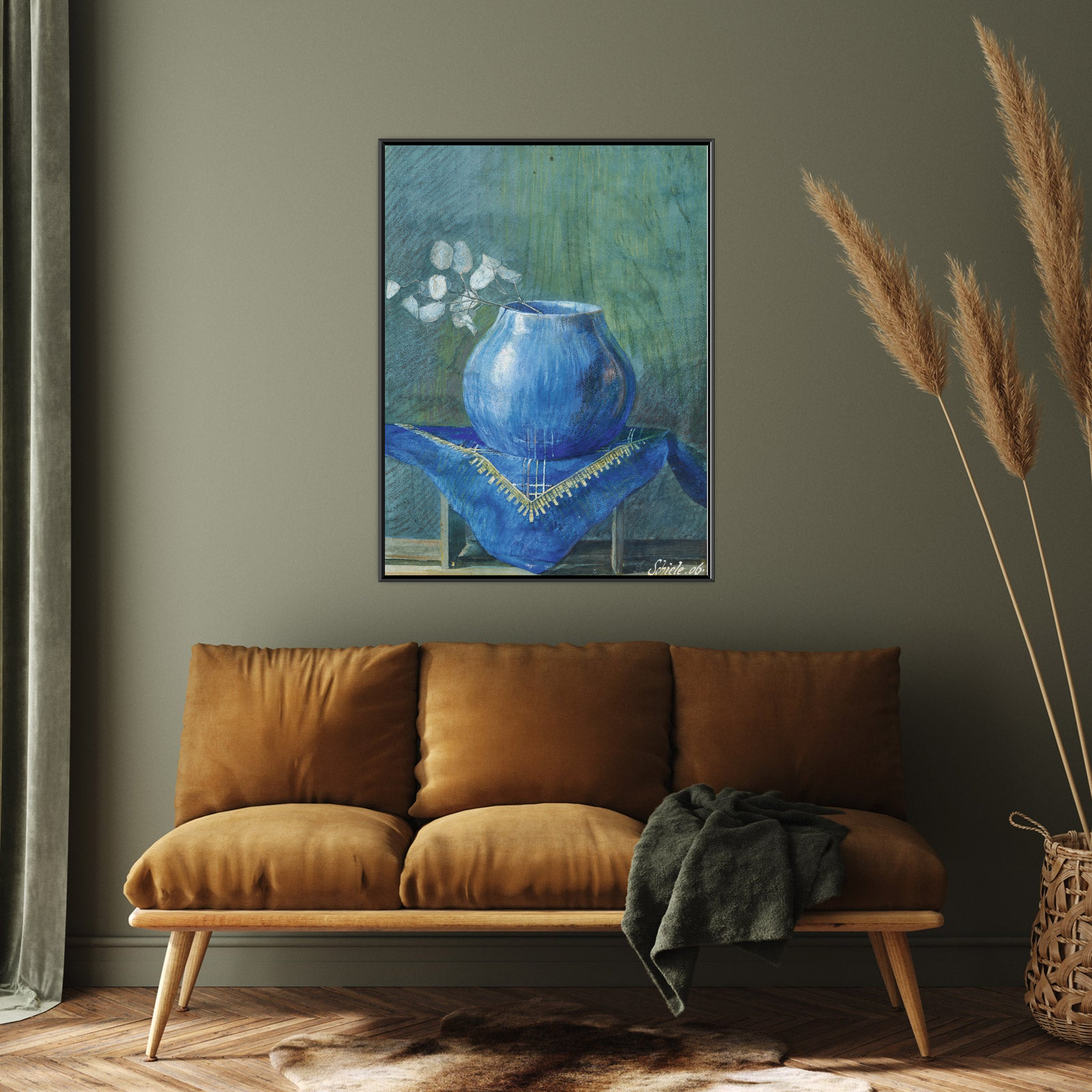 Umetnička slika Still Life of a Moneyplant Branch in Blue Vase, Egon Schiele na platnu - NS Canvas Shop