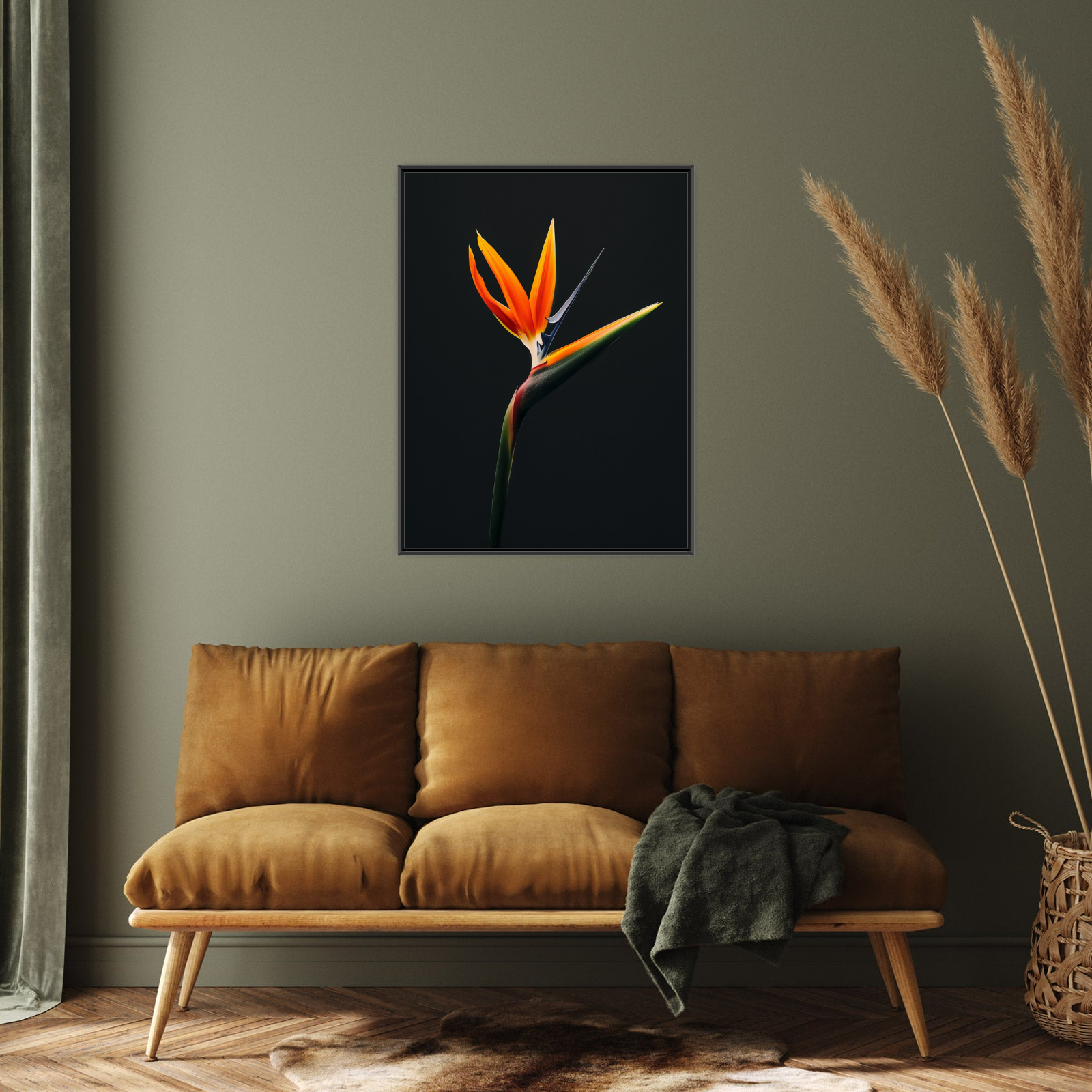 Umetnička slika Strelitzia na crnu pozadinu na platnu - NS Canvas Shop