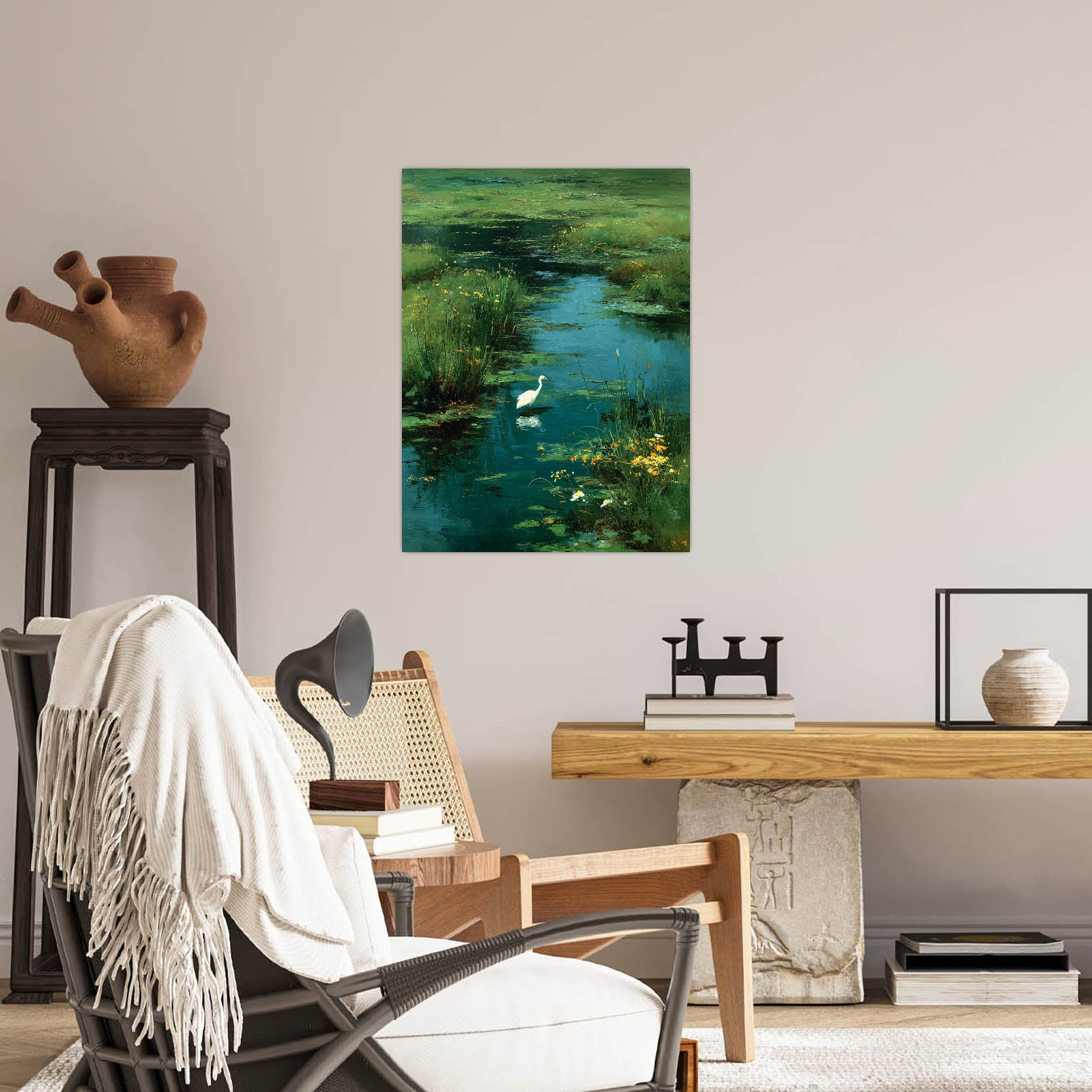 Pejzaž sa potokom i pticom