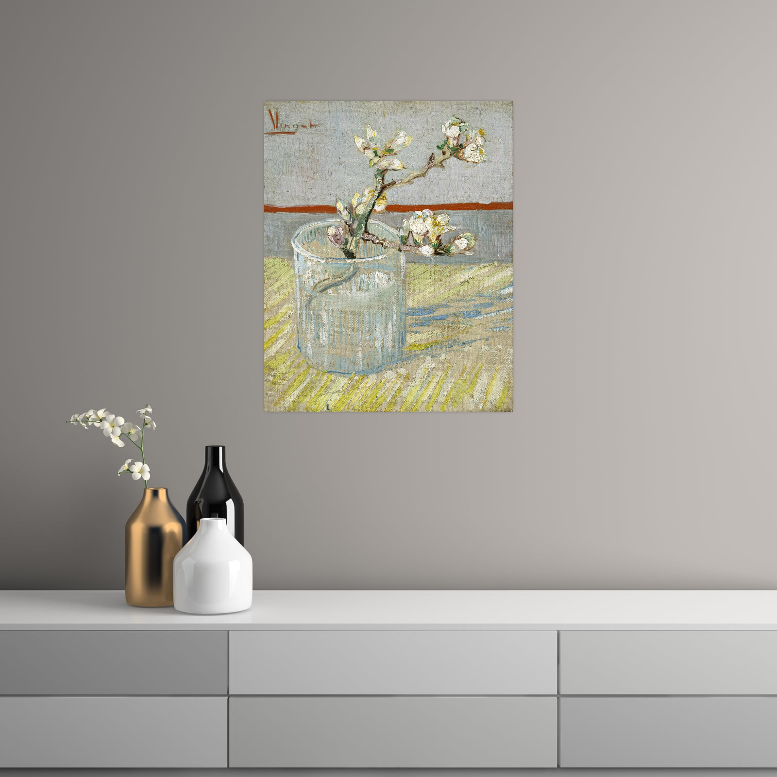 Umetnička slika ​Sprig of flowering almond in a glass, Vincent van Gogh na platnu - NS Canvas Shop
