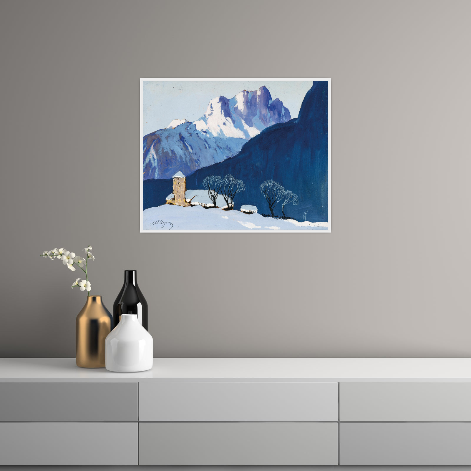 Umetnička slika ​Winterlandschaft vor Bergkulisse, Oskar Mulley na platnu - NS Canvas Shop